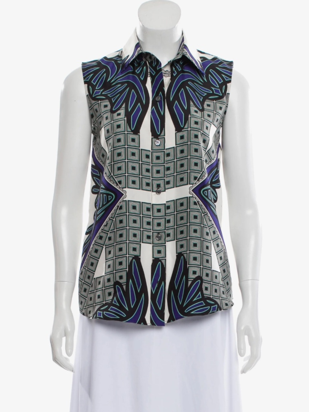 Derek Lam Cobalt & Multicolor Geometric Silk Button-Up Top